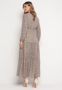 Born2be - Beżowo-Granatowo-Beżowa Sukienka Maxi Boho Elerra. Okazja: na spacer, na randkę. Kolor: beżowy. Materiał: materiał. Długość rękawa: długi rękaw. Typ sukienki: rozkloszowane. Styl: boho. Długość: maxi