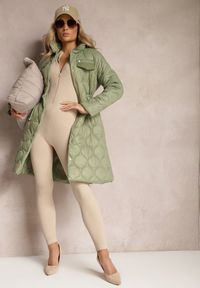 Renee - Zielona Kurtka za Kolano z Kołnierzem Pikowana Vilia. Kolor: zielony. Materiał: materiał. Sezon: jesień, wiosna. Styl: klasyczny #3