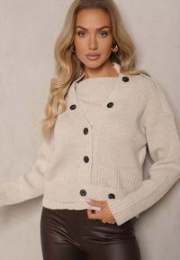 Renee - Jasnobeżowy Klasyczny Kardigan z Ozdobnym Paskiem z Guzikami w Talii Tilika. Okazja: na co dzień. Kolor: beżowy. Materiał: jeans. Sezon: lato, wiosna. Styl: klasyczny