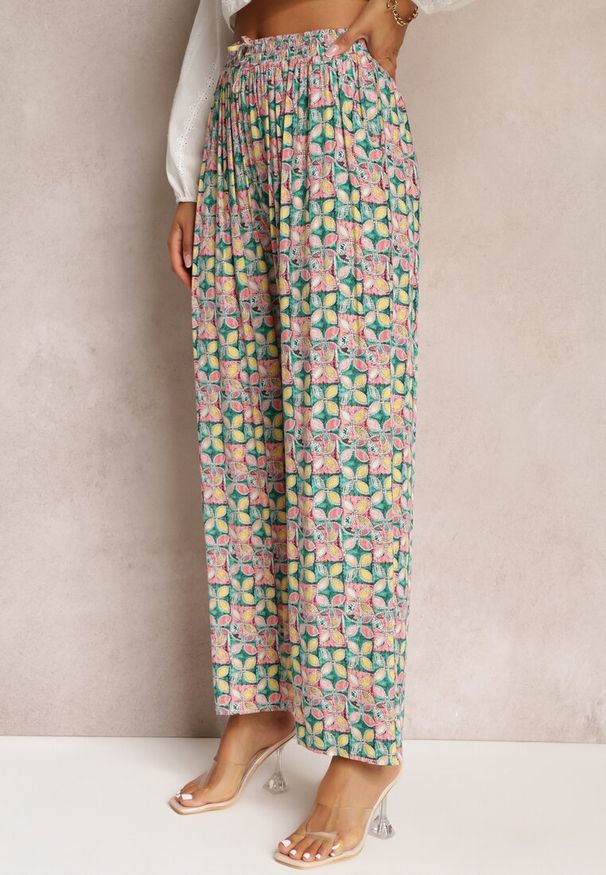 Renee - Zielono-Różowe Wiskozowe Spodnie High Waist Szerokie z Gumką w Pasie i Kieszeniami Aizha. Stan: podwyższony. Kolor: zielony. Materiał: wiskoza