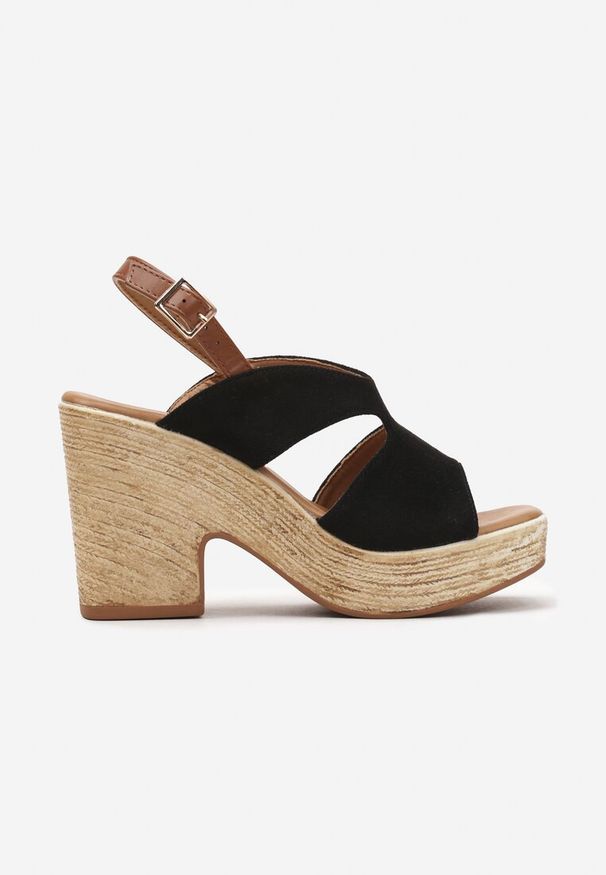 Born2be - Czarne Sandały Boho z Paskiem z Ekozamszu na Słupku z Platformą Effias. Okazja: na spotkanie biznesowe. Zapięcie: pasek. Kolor: czarny. Materiał: len. Obcas: na platformie. Styl: boho