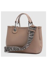 Emporio Armani - EMPORIO ARMANI Mała jasnobrązowa torebka damska z saszetką i brelokiem. Kolor: brązowy. Dodatki: z breloczkiem. Rozmiar: małe
