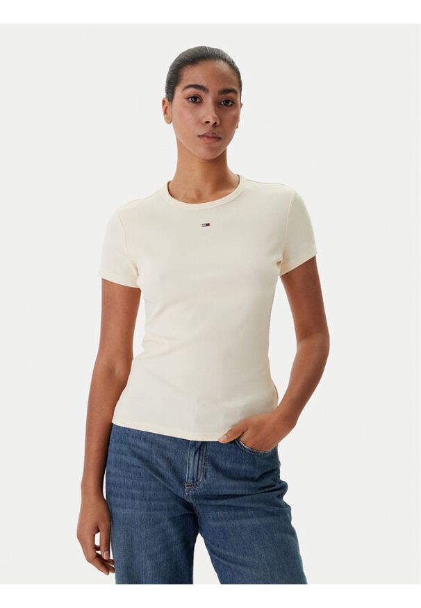 Tommy Jeans T-Shirt Essential DW0DW17383 Beżowy Slim Fit. Kolor: beżowy. Materiał: bawełna