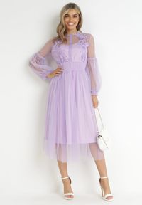 Born2be - Fioletowa Rozkloszowana Sukienka Tiulową z Koronką Llaudia. Kolor: fioletowy. Materiał: tiul, koronka. Wzór: koronka #5