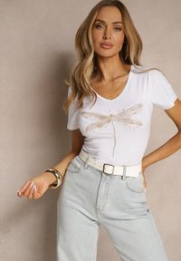 Renee - Biały T-shirt z Bawełny Ozdobiony Cyrkoniową Ważką Ulioretia. Okazja: na co dzień, na spotkanie biznesowe, do pracy. Kolor: biały. Materiał: bawełna. Wzór: aplikacja. Styl: biznesowy, klasyczny, casual