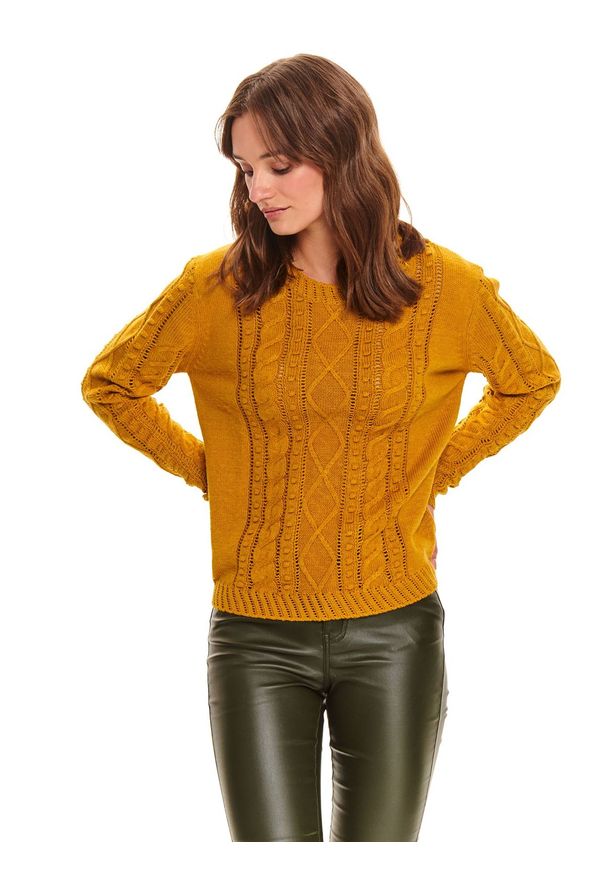 TOP SECRET - Damski ażurowy sweter. Kolor: żółty. Materiał: materiał, jeans, bawełna. Długość rękawa: długi rękaw. Długość: długie. Wzór: ażurowy. Sezon: zima