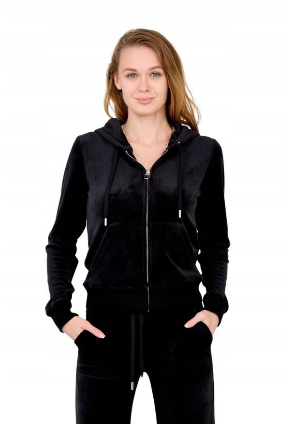 Juicy Couture - JUICY COUTURE Czarna rozpinana bluza damska. Typ kołnierza: kaptur. Kolor: czarny. Materiał: poliester