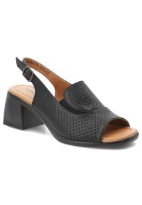 Sandały damskie Vinceza, cholewka ze skóry naturalnej licowej z perforacją odkryty przód elegancki fason na stabilnym obcasie, czarne, 66920. Kolor: czarny. Materiał: skóra. Obcas: na obcasie. Styl: elegancki. Wysokość obcasa: średni #1