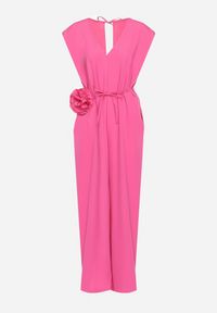 Born2be - Różowy Wiązany Kombinezon z Prostymi Nogawkami i Wiskozą oraz Kwiatową Aplikacją Dimenna. Kolor: różowy. Materiał: wiskoza. Wzór: kwiaty, aplikacja. Styl: elegancki #5