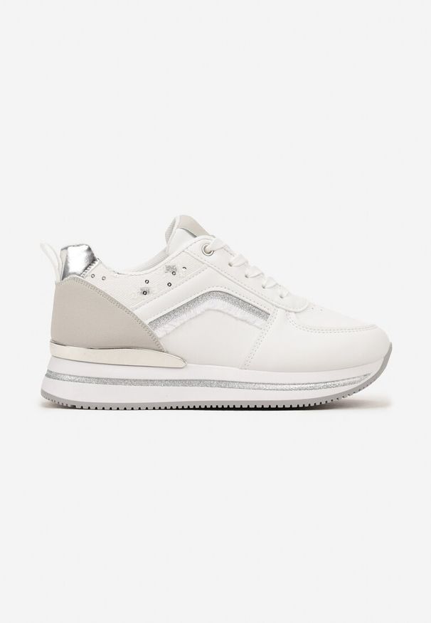 Born2be - Białe Sneakersy na Podeszwie w Paski Zdobione Brokatem i Cekinami Sellani. Zapięcie: pasek. Kolor: biały. Wzór: aplikacja, paski. Obcas: na obcasie. Wysokość obcasa: niski
