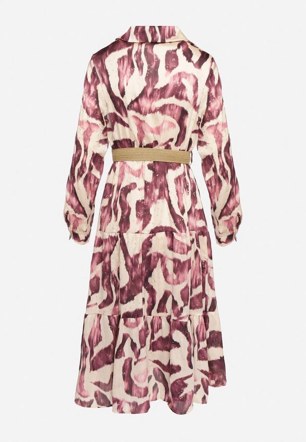 Born2be - Fioletowa Kopertowa Sukienka w Abstrakcyjny Wzór z Gumką w Talii i Paskiem Zinnitaria. Okazja: na co dzień. Kolor: fioletowy. Materiał: jeans. Typ sukienki: kopertowe. Styl: casual, klasyczny