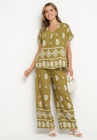 Born2be - Zielono-Biały Bawełniany Komplet Koszula i Szerokie Spodnie w Stylu Boho Ollirive. Kolor: zielony. Materiał: bawełna. Wzór: aplikacja #3
