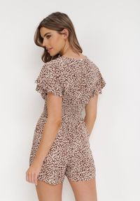 Born2be - Beżowo-Bordowy Kombinezon Aedinna. Kolor: beżowy. Materiał: wiskoza, jeans, tkanina. Długość rękawa: krótki rękaw. Długość: krótkie. Wzór: kwiaty #4
