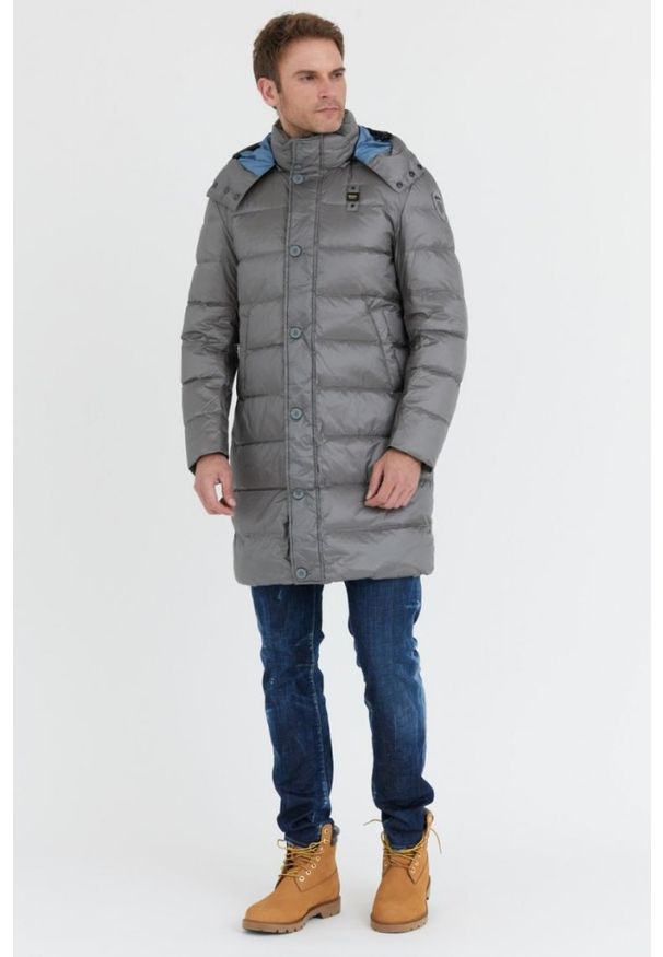 Blauer USA - BLAUER Stalowa długa puchowa kurtka męska Gus z odpinanym kapturem, Rozmiar XL. Kolor: srebrny. Materiał: puch. Długość: długie