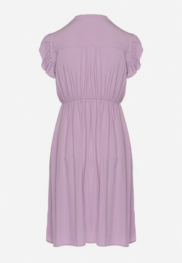 Born2be - Fioletowa Rozkloszowana Sukienka z Wiązanym Dekoltem i Gumką w Pasie Ozdobiona Falbanką Dimonima. Kolor: fioletowy. Materiał: wiskoza, bawełna. Wzór: aplikacja. Typ sukienki: rozkloszowane. Styl: elegancki, retro