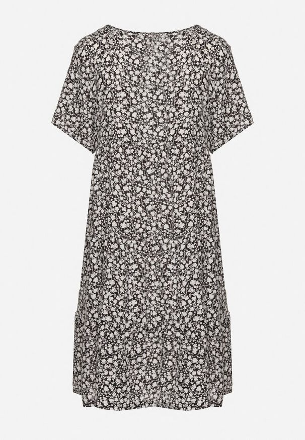 Born2be - Czarna Sukienka z Bawełną w Kwiatowy Wzór Lunasenia. Okazja: na co dzień. Kolor: czarny. Materiał: bawełna. Wzór: kwiaty. Styl: casual, elegancki