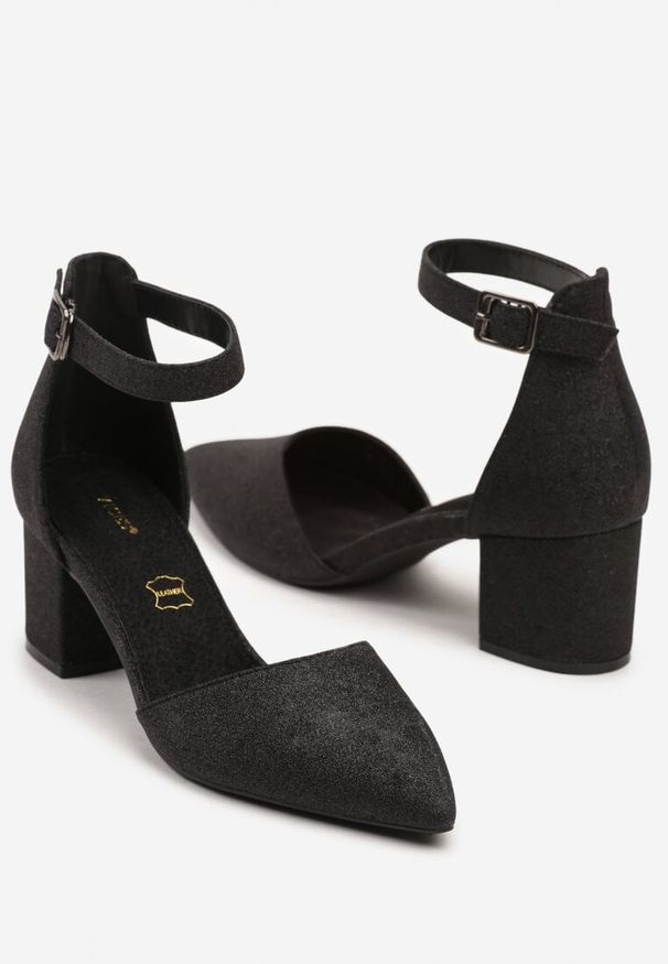 Born2be - Czarne Eleganckie Brokatowe Czółenka Vices na Obcasie z Wkładką ze Skóry Naturalnej Leadora. Nosek buta: szpiczasty. Zapięcie: pasek. Kolor: czarny. Materiał: skóra. Obcas: na obcasie. Styl: elegancki. Wysokość obcasa: średni