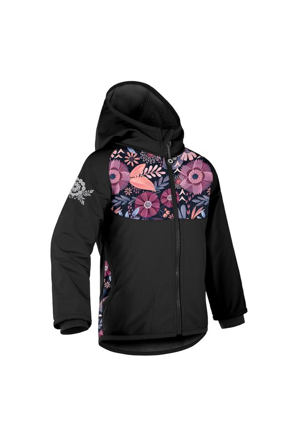 UNUO - Kurtka softshellowa dziecięca z polarem Basic, czarny, Magic Flowers. Kolor: czarny. Materiał: polar. Sezon: jesień, wiosna