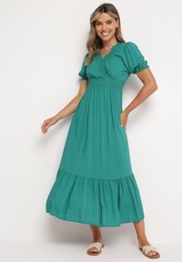 Born2be - Ciemnozielona Bawełniana Sukienka z Kopertowym Dekoltem w Stylu Boho Rissasie. Okazja: na co dzień. Kolor: zielony. Materiał: bawełna. Typ sukienki: kopertowe. Styl: boho #7