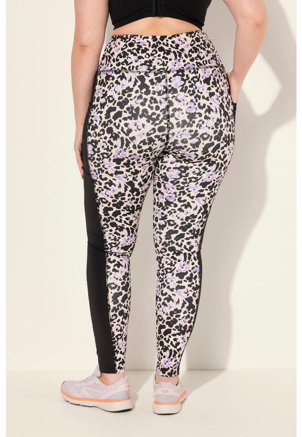ULLA POPKEN - Damskie Legginsy sportowe szybkoschnące wzór w panterkę z recyklingu. Kolekcja: plus size. Kolor: czarny. Materiał: poliester, materiał. Wzór: motyw zwierzęcy