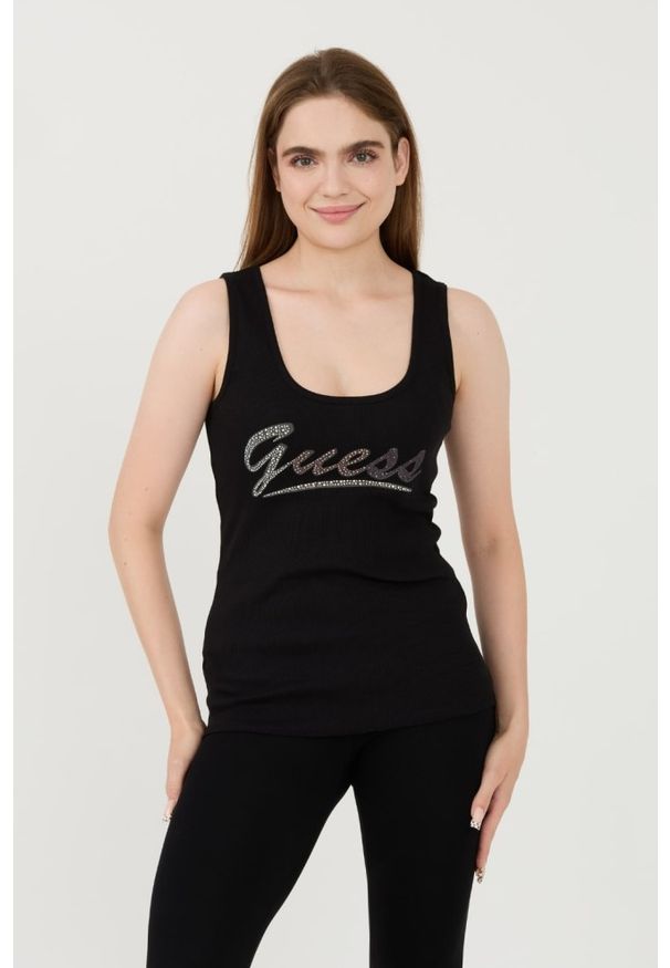 Guess - GUESS Czarny damski top Logo Tank, Rozmiar M. Kolor: czarny