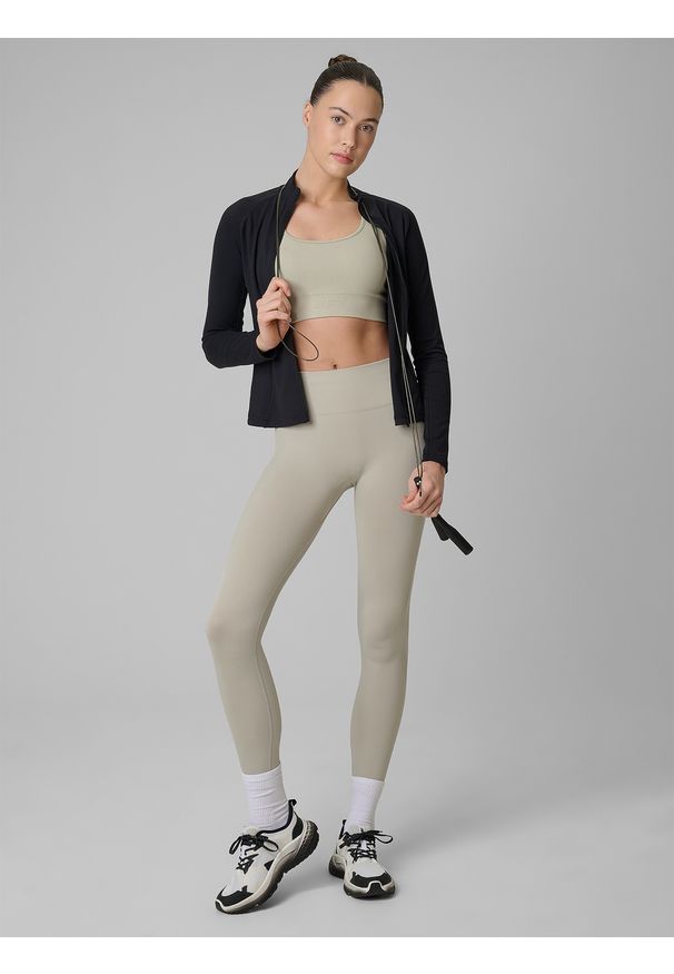 4f - 4F Bluza treningowa slim szybkoschnąca damska - czarna XS. Okazja: na co dzień. Typ kołnierza: kołnierzyk stójkowy. Kolor: czarny. Materiał: włókno. Styl: casual, klasyczny, sportowy