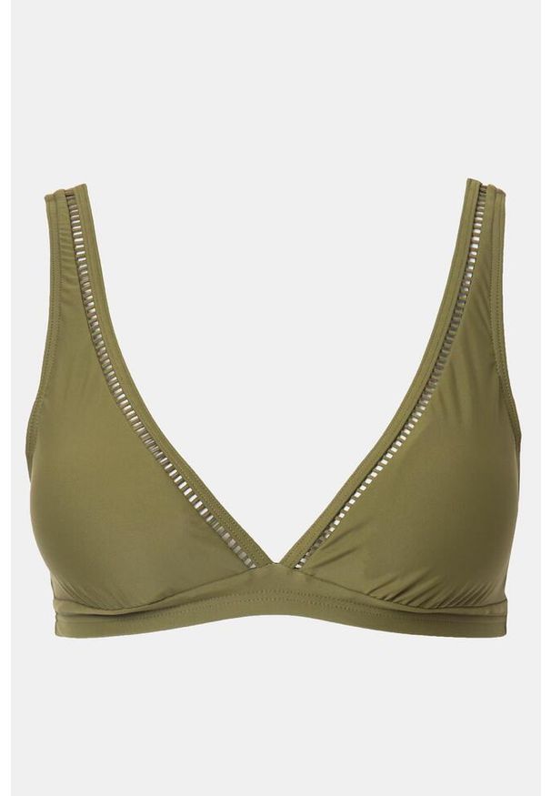 ULLA POPKEN - Damski Top bikini miękkie miseczki błyszczące obszycie dekolt w serek. Kolekcja: plus size. Kolor: zielony. Materiał: elastan, poliamid, materiał