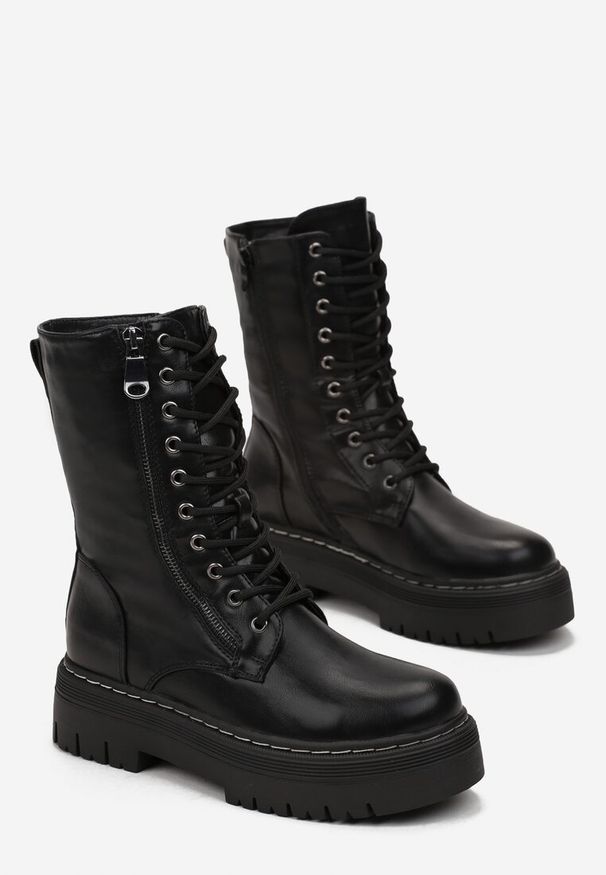 Born2be - Czarne Botki Workery na Platformie Santelia. Kolor: czarny. Obcas: na platformie. Styl: elegancki