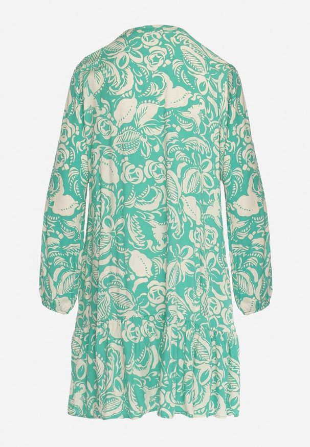 Born2be - Zielona Koszulowa Sukienka Mini o Rozkloszowanym Fasonie z Kwiatowym Motywem Hexama. Typ kołnierza: kołnierzyk stójkowy. Kolor: zielony. Długość rękawa: długi rękaw. Wzór: kwiaty. Sezon: wiosna, lato. Typ sukienki: koszulowe. Długość: mini