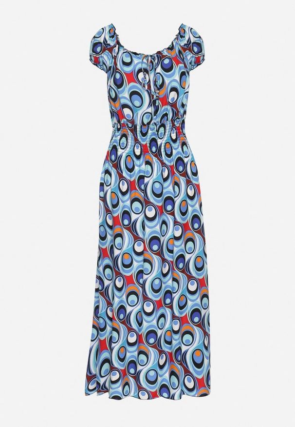 Born2be - Niebieska Sukienka z Geometrycznym Wzorem i Hiszpańskim Dekoltem Tosile. Okazja: na co dzień. Kolor: niebieski. Długość rękawa: długi rękaw. Wzór: geometria. Sezon: lato. Styl: casual, klasyczny, elegancki