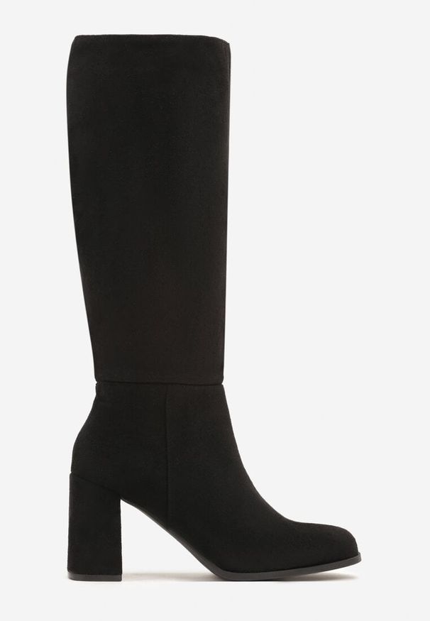 Born2be - Czarne Klasyczne Kozaki na Słupku z Imitacji Zamszu Sagicea. Okazja: na co dzień. Kolor: czarny. Materiał: zamsz. Obcas: na słupku. Styl: klasyczny. Wysokość obcasa: średni