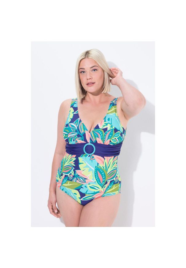 ULLA POPKEN - Damskie Strój kąpielowy liście miękkie miseczki ozdobny pierścień. Kolekcja: plus size. Kolor: niebieski. Materiał: poliamid, poliester, materiał, elastan