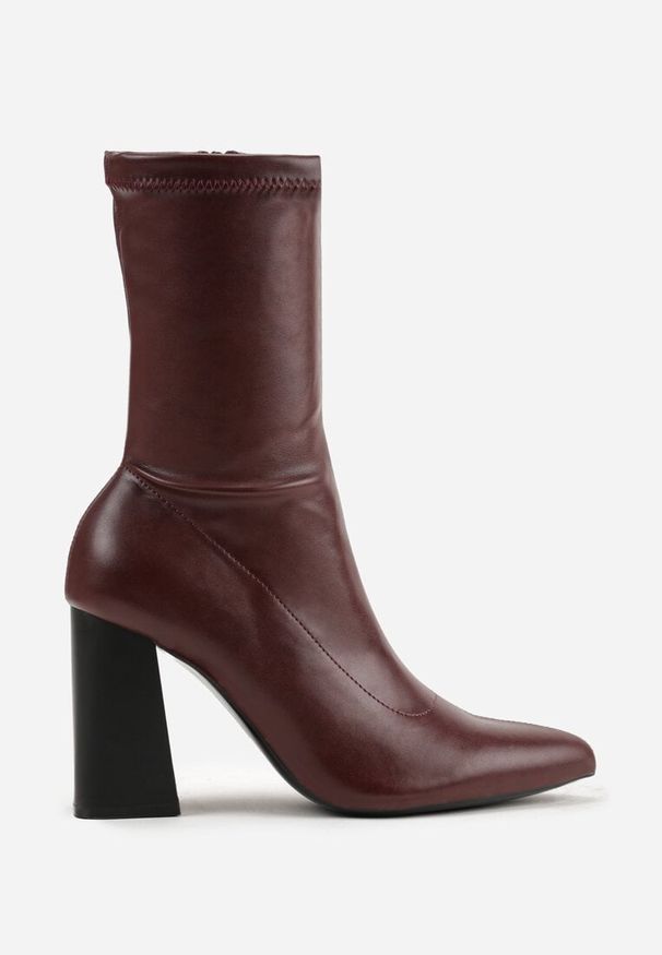 Born2be - Bordowe Eleganckie Botki Vices na Słupku z Dopasowaną Cholewką Alivitta. Okazja: na co dzień. Kolor: czerwony. Materiał: jeans. Szerokość cholewki: normalna. Obcas: na słupku. Styl: elegancki. Wysokość obcasa: średni