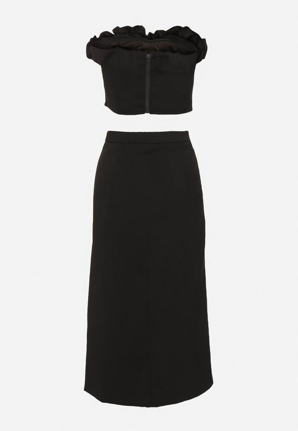 Born2be - Czarny 2-Częściowy Komplet Krótki Top z Kwiatami 3D Spódnica z Rozcięciem Valfea. Kolor: czarny. Wzór: kwiaty