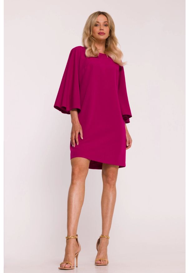 Stylove - Elegancka sukienka trapezowa z bufiastymi rękawami fiolet. Kolor: czarny, beżowy. Typ sukienki: trapezowe. Styl: elegancki