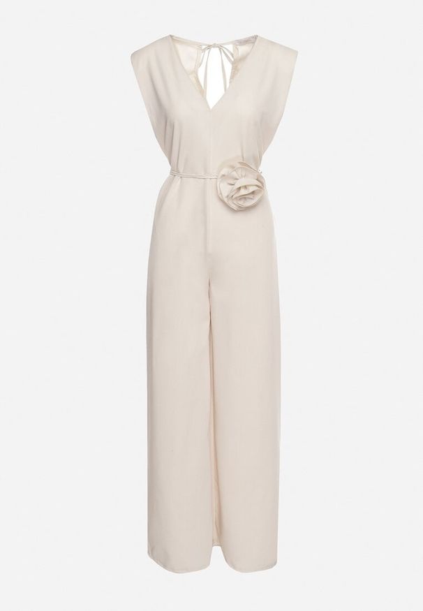 Born2be - Beżowy Wiązany Kombinezon z Prostymi Nogawkami i Wiskozą oraz Kwiatową Aplikacją Dimenna. Kolor: beżowy. Materiał: wiskoza. Wzór: kwiaty, aplikacja. Styl: elegancki