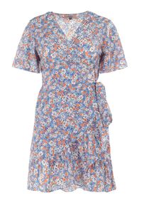 Born2be - Niebieska Sukienka Naririssa. Kolor: niebieski. Materiał: materiał, wiskoza. Wzór: kwiaty, nadruk. Typ sukienki: kopertowe. Styl: retro. Długość: mini