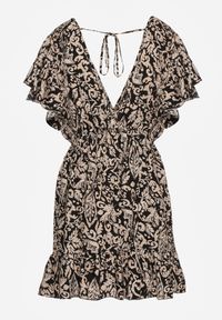 Renee - Czarno-Beżowa Sukienka z Bawełny o Rozkloszowanym Kroju Ozdobiona Falbanami i Gumką w Talii Neliaura. Okazja: na imprezę, na co dzień. Typ kołnierza: dekolt w kształcie V. Kolor: czarny. Materiał: bawełna. Wzór: aplikacja. Sezon: lato. Typ sukienki: rozkloszowane, proste. Styl: casual, elegancki #4