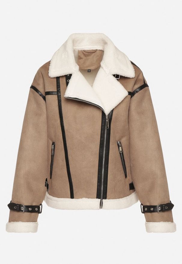 Born2be - Ciemnobeżowa Kurtka Ramoneska Biker z Futerkiem i Paskami z Klamrami Mandrie. Okazja: na co dzień, na spacer. Kolor: beżowy. Materiał: futro. Wzór: aplikacja. Styl: casual, klasyczny, elegancki