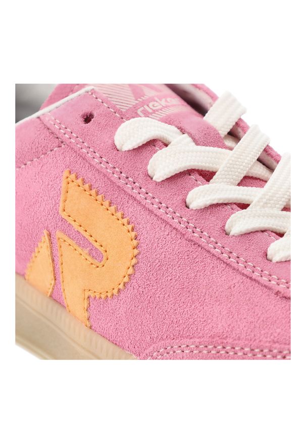 Różowe Sneakersy Rieker Modne Obuwie Damskie. Okazja: na co dzień. Zapięcie: sznurówki. Kolor: różowy. Materiał: zamsz
