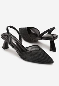 Born2be - Czarne Sandały na Niskiej Szpilce ze Szpiczastym Transparentnym Noskiem Raselia. Nosek buta: szpiczasty. Kolor: czarny. Materiał: tkanina. Wzór: geometria. Styl: glamour #3