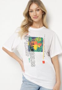 Born2be - Biała Koszulka T-shirt z Bawełny z Ozdobnym Nadrukiem Savenelle. Kolor: biały. Materiał: bawełna. Wzór: nadruk. Styl: klasyczny, elegancki #7