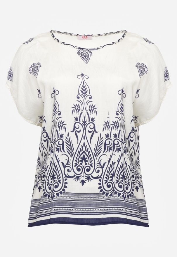 Born2be - Granatowa Wiskozowa Bluzka z Etnicznym Wzorem Melloshell. Okazja: na co dzień. Kolor: niebieski. Materiał: wiskoza. Styl: casual, elegancki