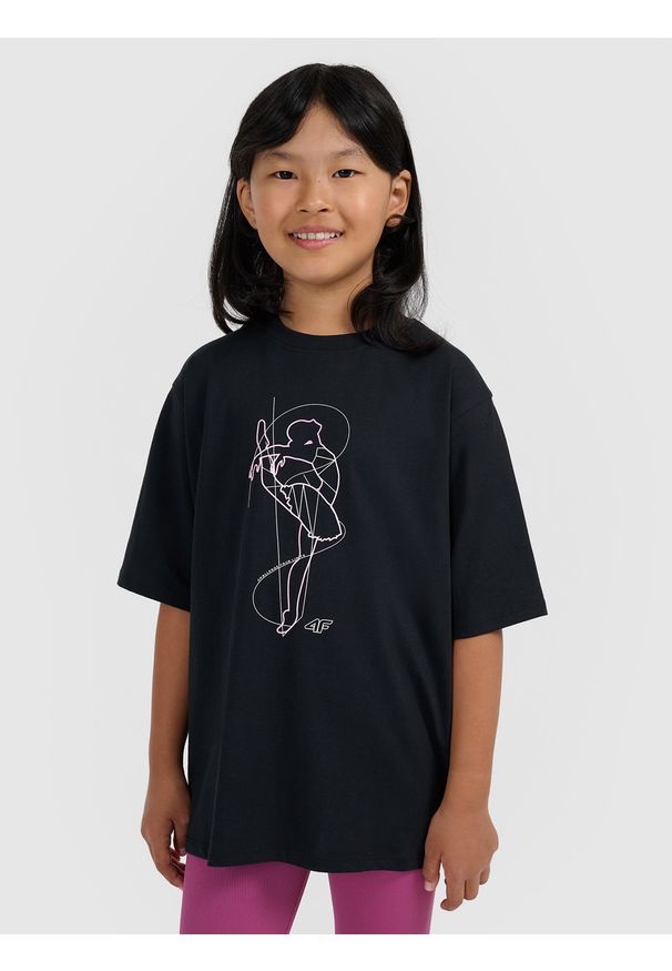 4f - 4F T-shirt oversize z nadrukiem dziewczęcy - czarny 128 (7-8 lat). Kolor: czarny. Materiał: skóra. Wzór: nadruk. Sezon: lato