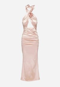 Born2be - Różowa Satynowa Sukienka Wiązana na Szyi z Wycięciem pod Biustem i Różyczką Roneza. Kolor: różowy. Materiał: satyna. Styl: elegancki #7