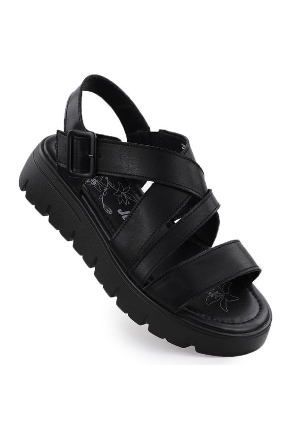 Skórzane sandały damskie na podwyższeniu rzymianki czarne Jezzi 8716. Kolor: czarny. Materiał: skóra ekologiczna