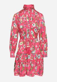 Born2be - Fuksjowa Koszulowa Sukienka ze Stójką i Falbanką Madalyn. Typ kołnierza: kołnierzyk stójkowy. Kolor: różowy. Materiał: koronka. Typ sukienki: koszulowe #5