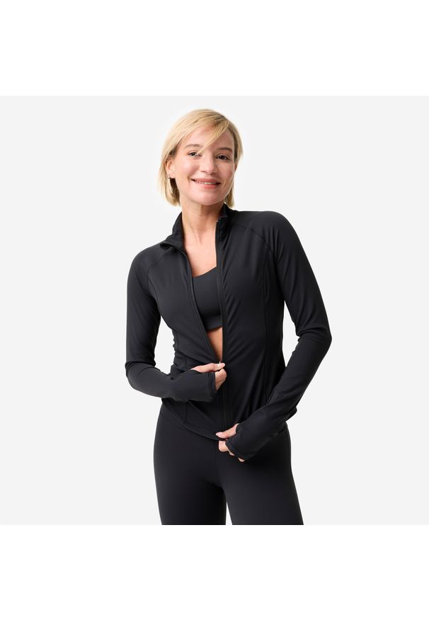 Decathlon - Bluza do jogi i pilatesu damska Domyos Breathe rozpinana. Kolor: czarny. Materiał: elastan, poliamid, materiał. Sport: joga i pilates