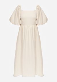 Born2be - Beżowa Rozkloszowana Sukienka Midi z Bufiastymi Rękawami i Kwadratowym Dekoltem Ceania. Okazja: na co dzień. Typ kołnierza: dekolt kwadratowy. Kolor: beżowy. Wzór: gładki. Typ sukienki: proste. Materiał: tkanina. Sezon: lato. Styl: elegancki, casual. Długość: midi #2