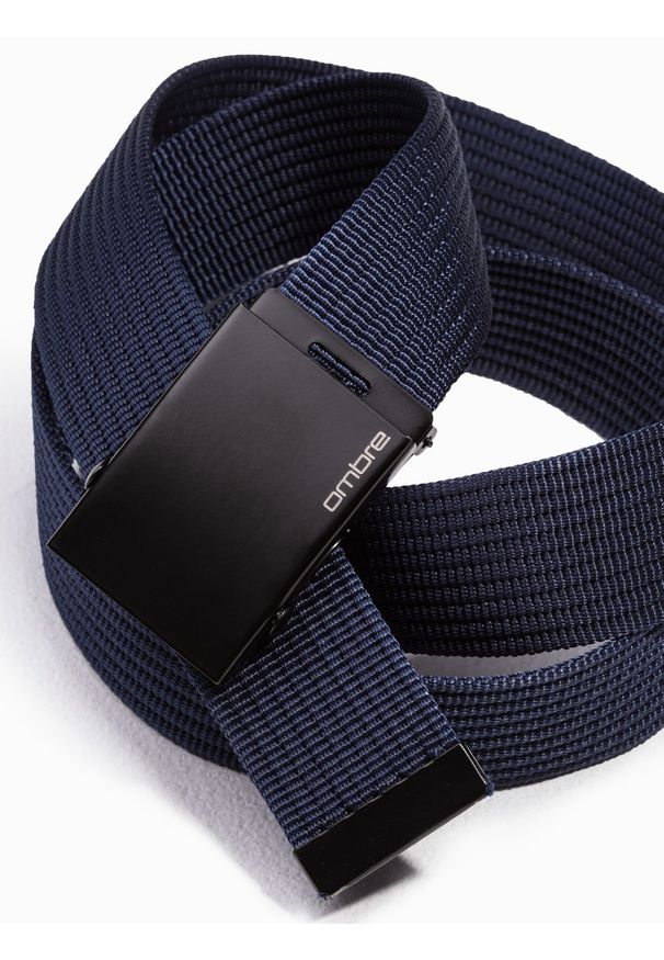 Ombre Clothing - Pasek męski parciany z regulowaną klamrą - granatowy. Kolor: niebieski. Materiał: lakier